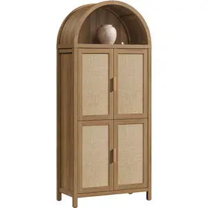 SICOTAS Arched Kitchen Pantry Cabinet for Dining Room, Living Room - 72.8" Tall Boho Rattan Storage Cabinet, 6-Tier Large Farmhouse Cupboard with Adjustable Shelves