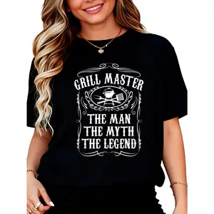 Cotton Unisex Grill Master The Man The Myth Legend Funny BBQ Smoker Gift Round Neck Short Sleeve T-Shirt Women's Men Graphic Tee
