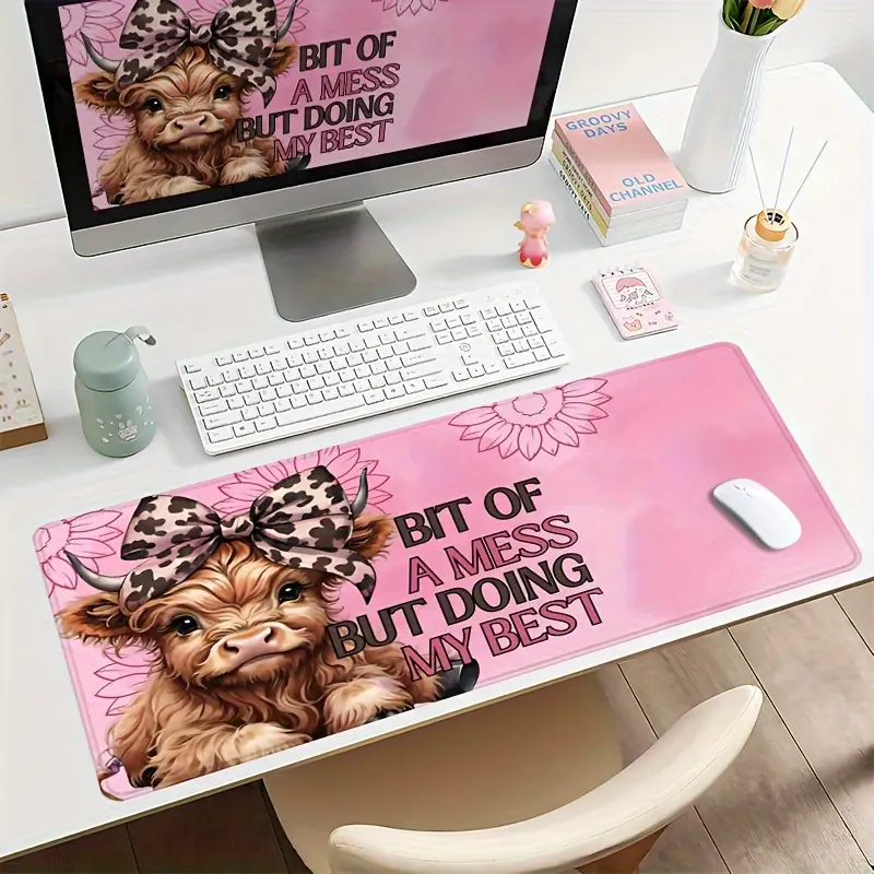 Free ExpressExtra Large Cute Calf Bow & Pink Leopard Print Mouse Pad - Non-Slip Desk with Stitched Edges, Soft Comfortable Computer Pad Suitable for Animal Lovers, Office & PC Gaming Desk