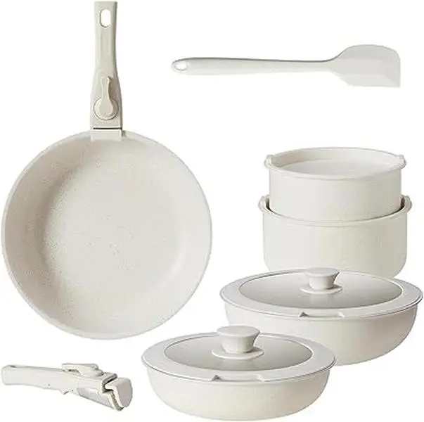 12 Pcs Pots and Pans Set, White Granite Nonstick Cookware Sets Detachable Handle, Stackable Induction Kitchen Cooking Set, Stain & Scratch-resistant