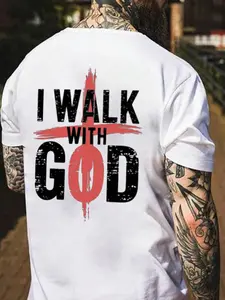 Men's Letter & Cross Print Round Neck Tee, Regular Fit Casual Short Sleeve Crew Neck T-shirt for Summer, Men's Top for Daily Wear, Casual Comfy Streetwear