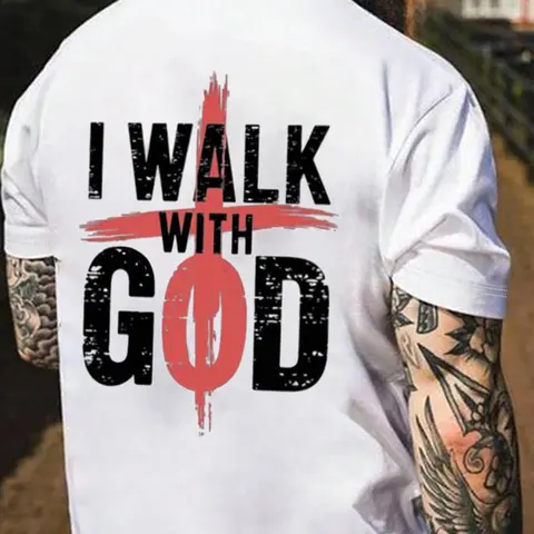 Men's Letter & Cross Print Round Neck Tee, Casual Style Tee, Regular Fit Casual Short Sleeve Crew Neck T-shirt for Summer, Men's Top for Daily Wear, Casual Comfy Streetwear, Casual Menswear