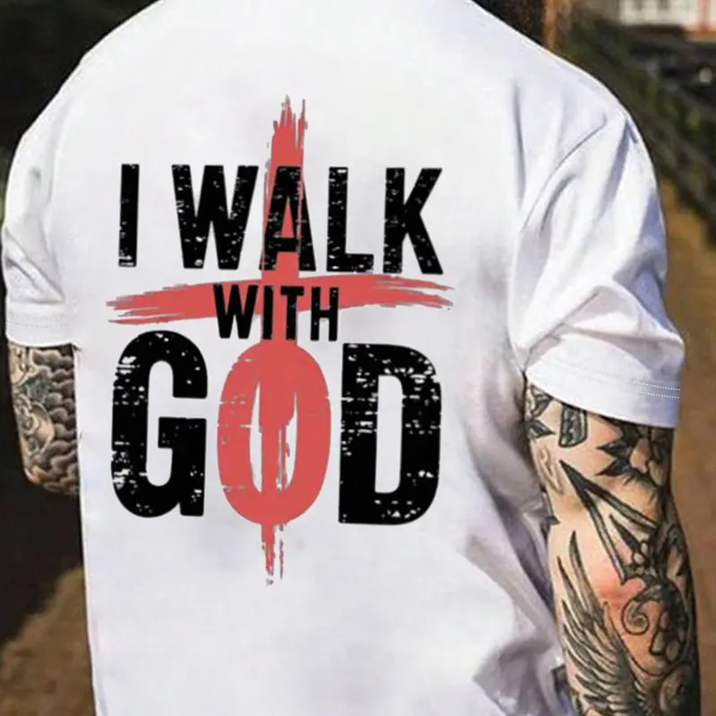 Men's Letter & Cross Print Round Neck Tee, Casual Style Tee, Regular Fit Casual Short Sleeve Crew Neck T-shirt for Summer, Men's Top for Daily Wear, Casual Comfy Streetwear, Casual Menswear