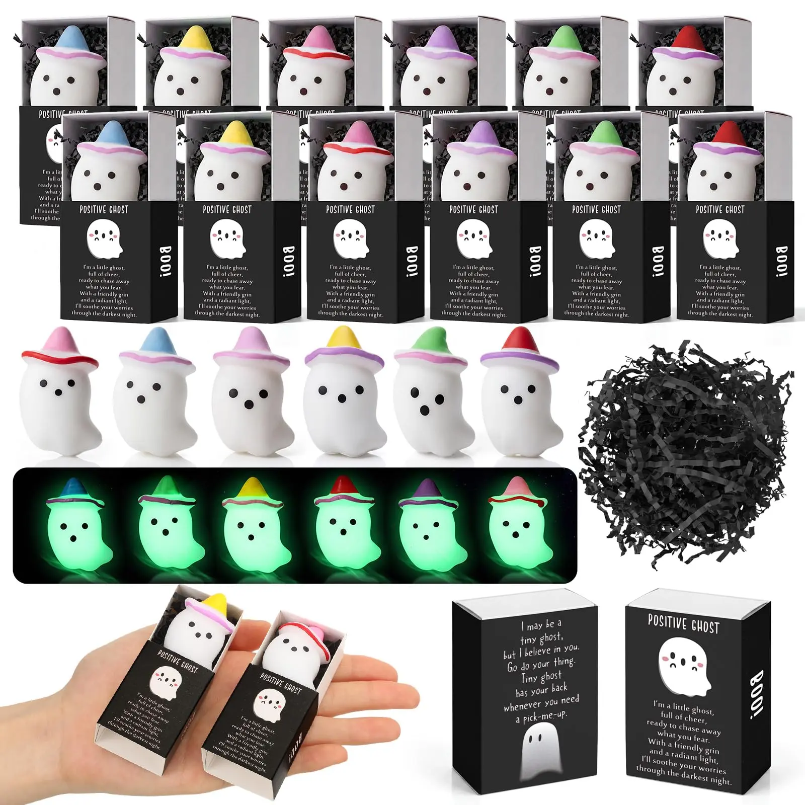 12/24/36Sets Halloween Gifts Halloween  Mini Ghost Figurines Glow-in-The-Dark Squishy Figures with Boxes for Positive Gift Halloween Classroom Party Favor Trick Or Treat Gift Halloween Mini Gnome Figurines Gift Boxes for Table Decor Stress Relief Gifts