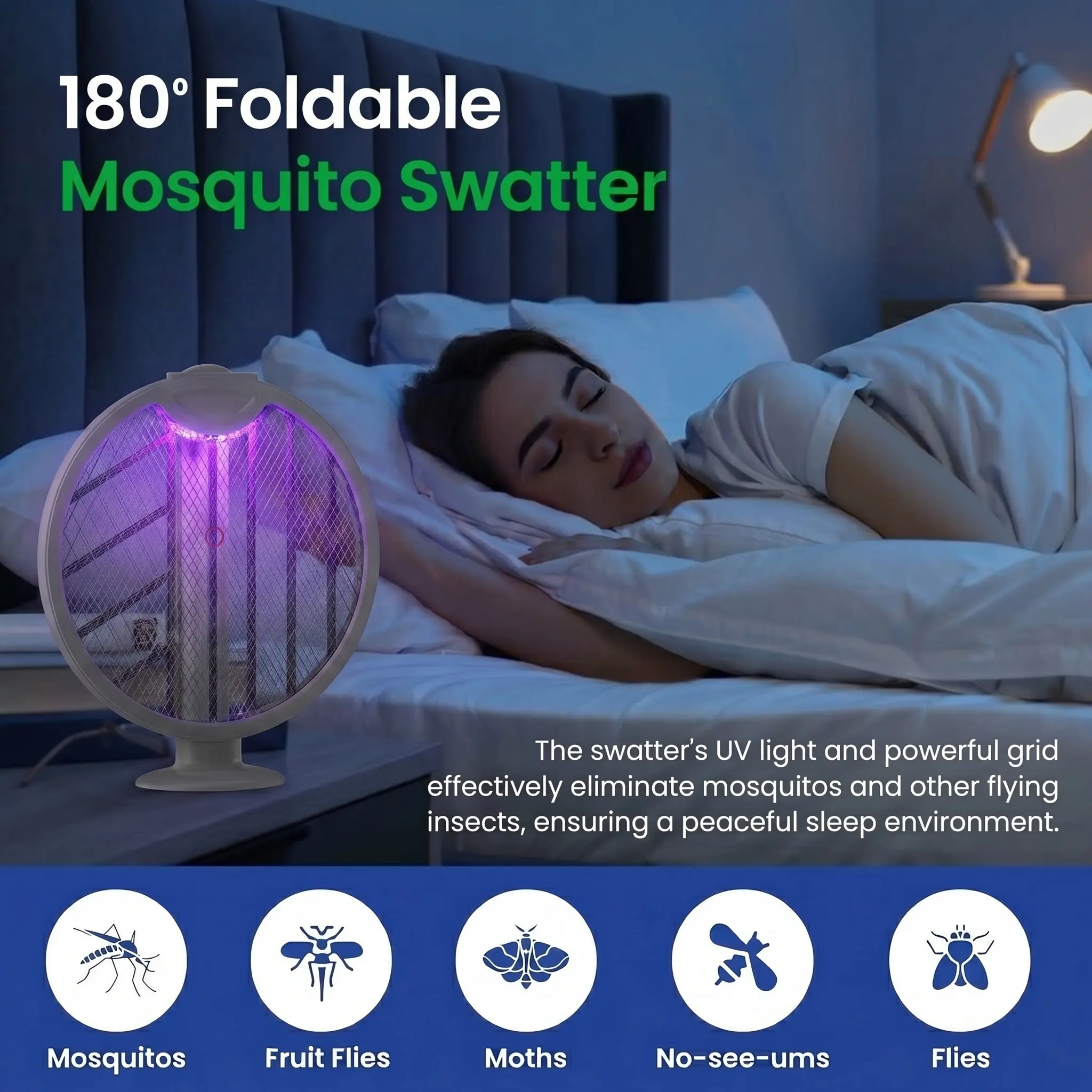Foldable Electric Fly Swatter Racket 3000V, USB Rechargeable Bug Zapper with Purple Attractant Light, 1200mAh Portable Handheld Mosquito Killer - Kills Mosquitoes, Flies, Gnats, Wasps, Fruit Flies for Indoor Home, Backyard, Patio, Camping