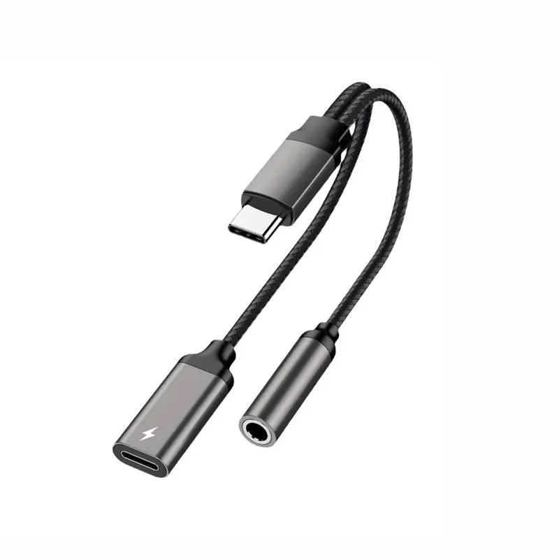 Type-C to 3.5mm Headphone Jack Adapter + Charging, Dual Port Converter for Earphones, Convenient Audio Splitter Type C Wired Audio Charging Cable