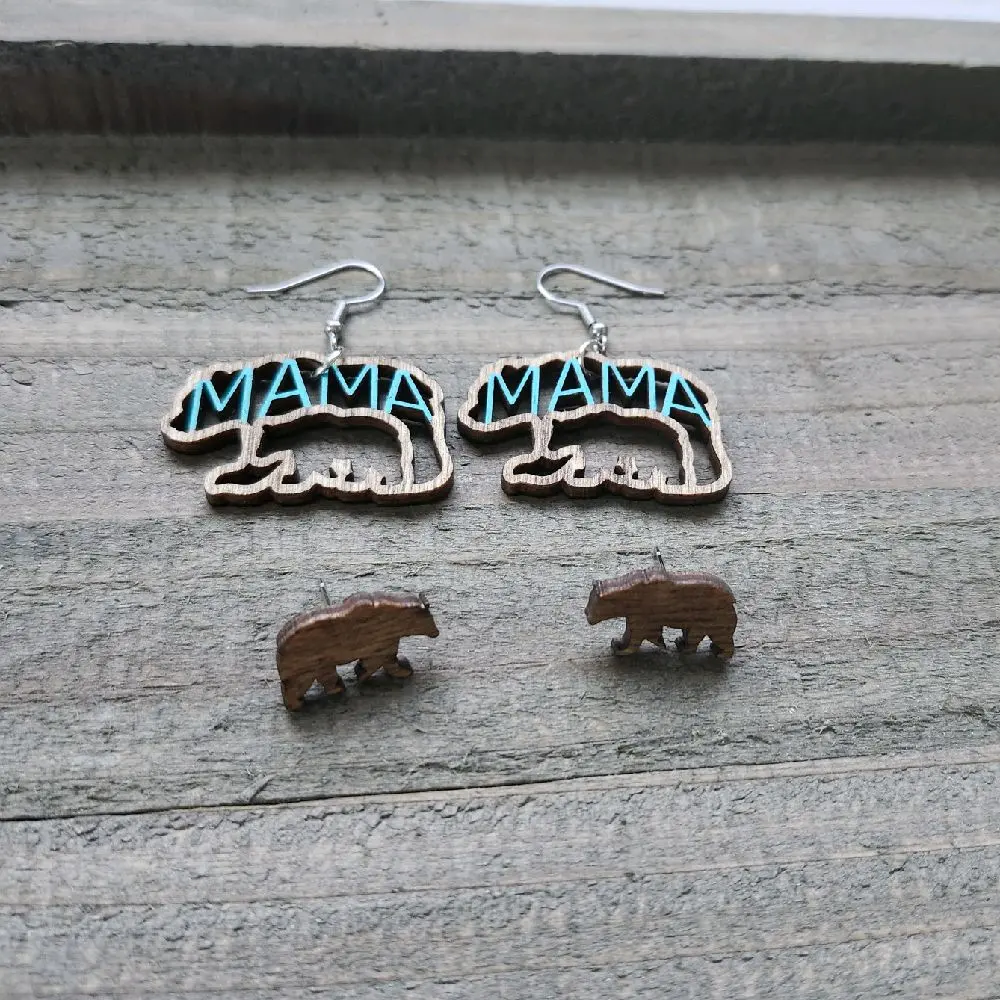 Cute Trendy Mama Bear Earring Set, Dangles For Mom, Studs For Daughter, Gift For Mom And Daughter, Nickel-Free Hypoallergenic Hooks, Western Style Jewelry, Laser Cut And Handpainted Earrings, Birthday Gift, Gift For Mom, Earring Gift, Earrings For Women