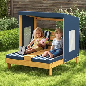 Costzon Kids Double Chaise Lounge Outdoor, 2-Seat Patio Lounge Chair with Cup Holders & Cushions, Kids Pool Lounger with Canopy, Wood Patio Furniture for Children Boys Girls 3 Years Old