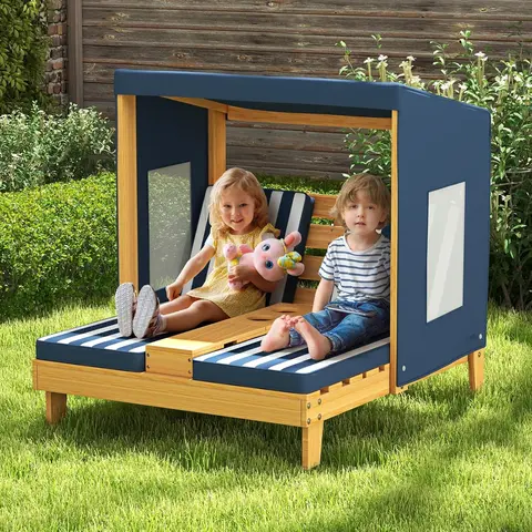 Costzon Kids Double Chaise Lounge Chair - Outdoor 2-Seat Patio Furniture with Cup Holders, Cushions, Canopy, Backyard Furniture for Kids Outdoor Play, Children 3+ Years Old, Outdoor Kids Stuff
