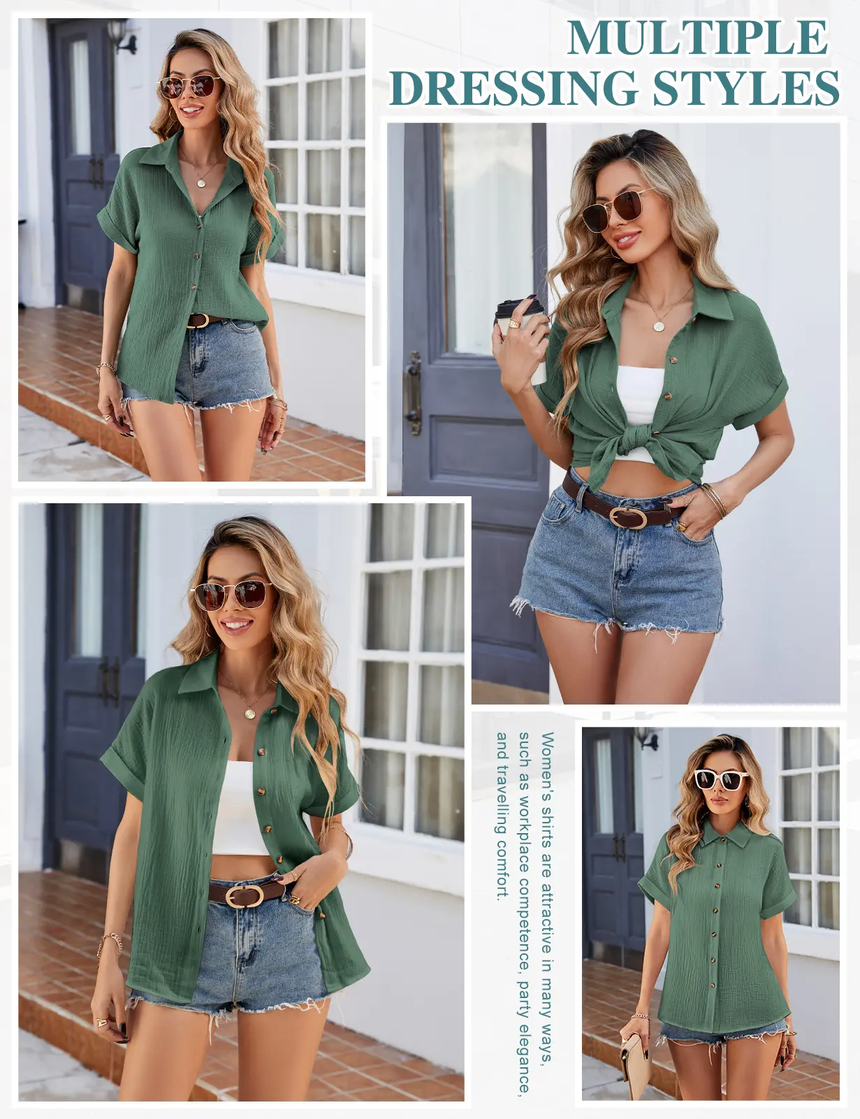 Muslin Blouse Women's Summer Linen Blouse V-Neck Shirt Blouse Elegant Tops Short Sleeve 100% Cotton Button-Down Lapel Collar Blouses Tunic Shirt#SummerWins #DealsForYouDays