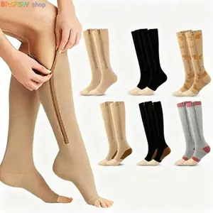 Women's Multi-Size Elastic Open-Toe Socks - Zippered Leg French Terry Socks for Sports, Varicose Veins Aid, Edema Relief