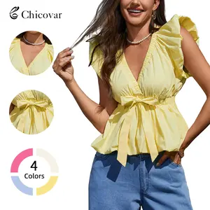 Chicovar Women’s Summer Deep V Neck Puff Sleeve Short Blouse – Elastic Trim Bow Front Peplum Short Top, Bubble Hem A-Line, Slim Fit X-Shaped Waist Cute Casual Shirt for Work, Date, Vacation & Daily Wear