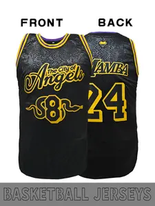 Men's 8/24 Serpentine Basketball Shirt with "The City of Angels" Pattern Font Print and Embroidery, Suitable for Playing Basketball, Running Exercise, Mamba Spirit Followers Commemorative Collection, Unisex, Jersey Shirt, Sport Jersey