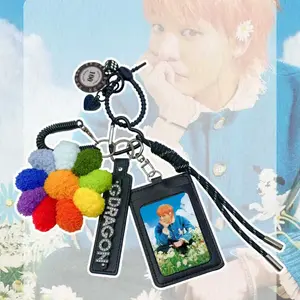 GD Power Cat Woven Rope Keychain with Metal Daisy Cross Charm Photo Card Holder 102g 24cm Fabric Bag Pendant for G-Dragon Fans Fashion Accessory