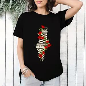 Keffiyeh Poppy Olive T-Shirt - Palestinian Solid with Floral Design, Women's Top, Palestinian Solid Color, Casual Style - Womenswear