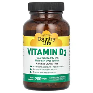 Country Life Vitamin D3, 62.5 mcg (2,500 I.U.), 200 Softgels