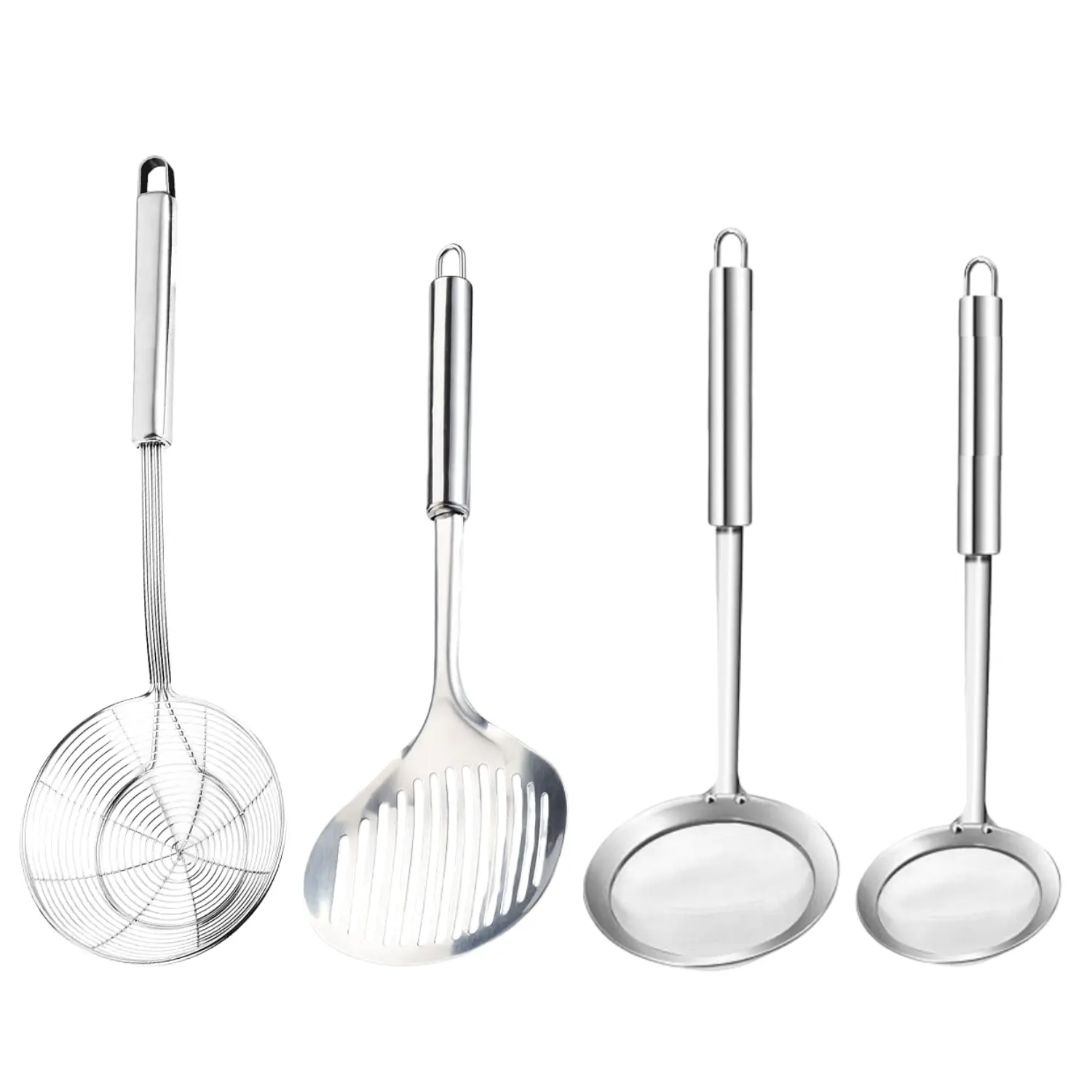 Food-Grade SS 4-Pack Stainless Steel Kitchen Skimmer Utensil Set - Slotted Fish Turner, Spatula, Scoop, Colander Spoon, Ladle, Spider Strainer with Hanging Holes, Dishwasher Safe for Oil Draining, Frying