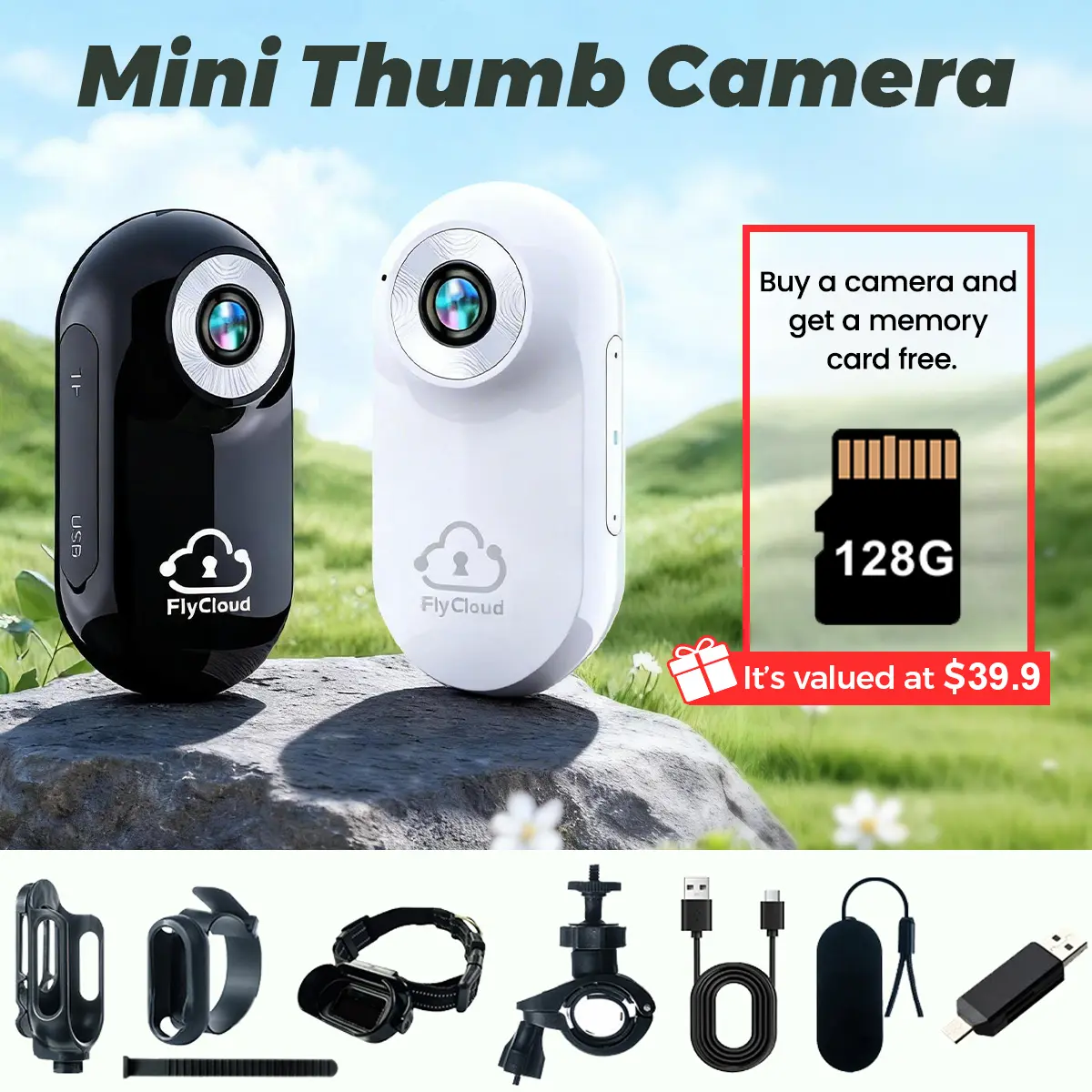 Flycloud A100 Mini Thumb Camcorder - 1080P HD Travel Camera, 128GB Mini TF Card, Long Battery Life Portable Vlogging Camera Complete Kit for Outdoor Sports, Cycling, Daily Life Recording