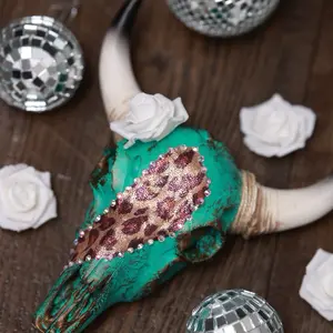 Turquoise Cheetah Mini Longhorn Skull Wall Hanging + Western Cowboy Home Decor