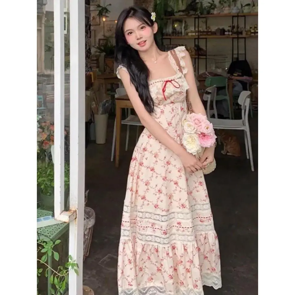 Y2k Summer French Elegant Floral Midi Dress Beach Style Korean Fashion Lace  Dress Evening Party Sexy Sleeveless Dress Woman Chic Casual Womenswear -  TikTok Shop