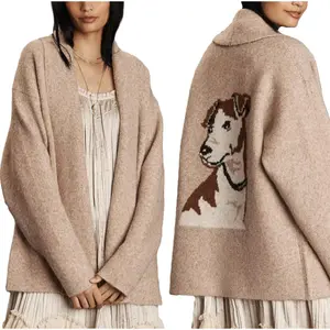 Women Open Front Cardigan Loose Back Fish/Dog/Lobster Pattern Long Sleeve Sweater Coat Casual Winter Fall Clothes