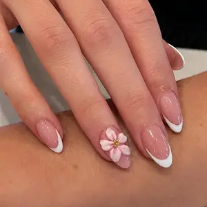 Summer 3D Flower French Tip Medium Almond Press On Nails – 24 pcs Fake Nails, Kit with Jelly Glue & File, Clean Girl Floral Nails for Summer & Vacation Looks