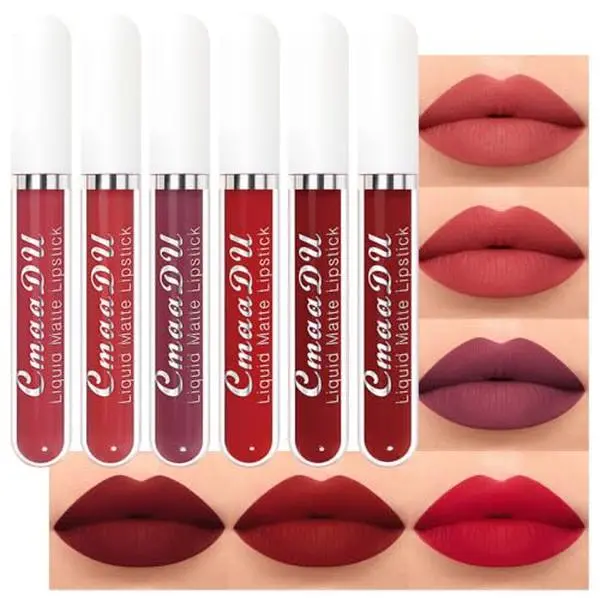 evpct 6Pcs Lipstick Matte Liquid Lipstick Lipgloss Set for Women, Dark Deep Bright Ruby Sexy Brick Red Mauve labiales mate 24 horas originales matte larga duracion 24 Hour Lipstick Long Lasting