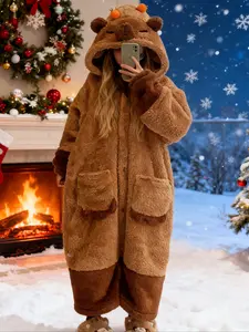 Ladies' Kapibalajia velvet thick pajamas and nightgowns, new hooded coral velvet button cartoon cute style home clothes nightwear loungewear for autumn and winter