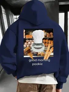 Men's Drawstring Hooded Loose-Fit Sweatshirt, Fall Winter Casual Comfortable Pullover, Humorous Shark Emoji Print, Perfect Gift Idea