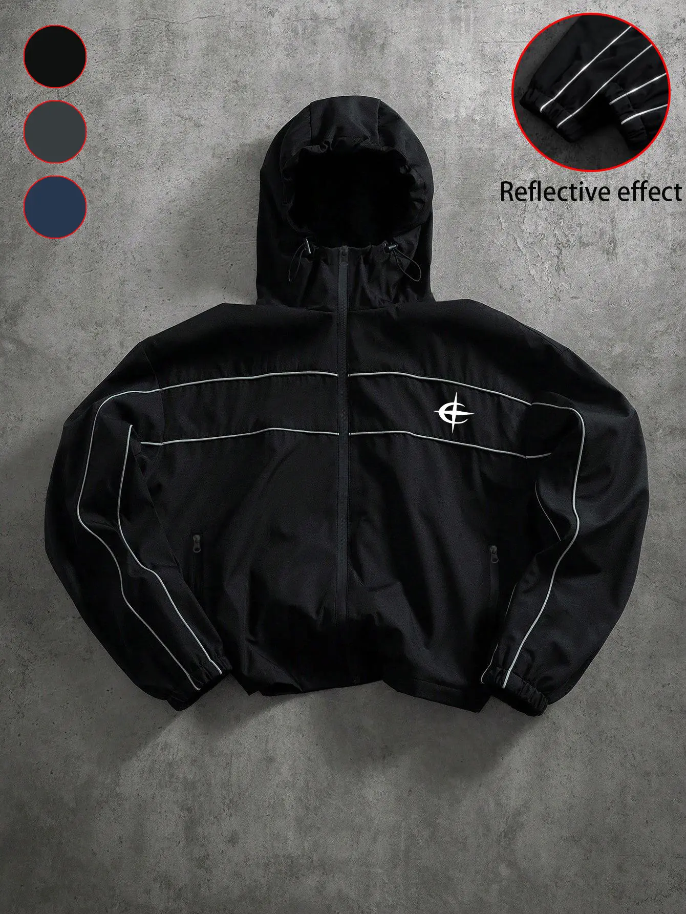 Men's Reflective Striped Hooded Windbreaker Jacket, Full Zip Lightweight Windproof Techwear Streetwear, Casual Athletic Outerwear with Zipper Pockets, Night Visibility Coat for Running Cycling Hip Hop Daily Outdoor Fashion Wear