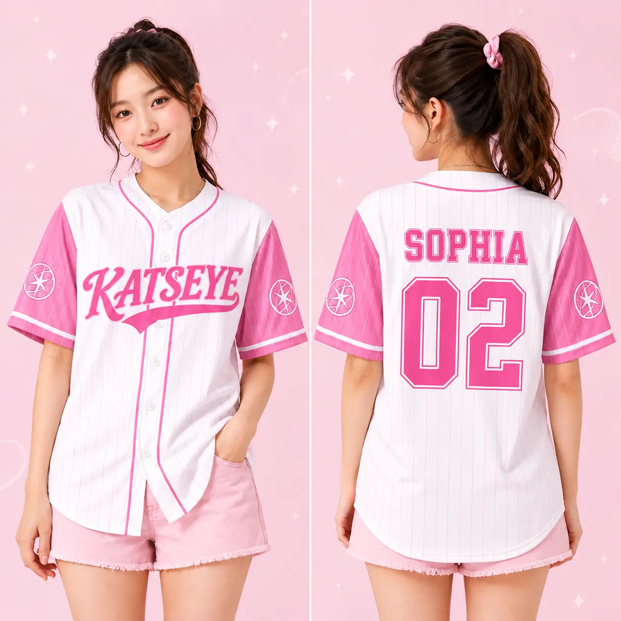 KATSEYE Sophia 02 Pink Baseball Jersey Shirt - Pink White Pinstripe Button Down Tee, Oversized Short Sleeve Tour Merch for Women, Cute Y2K K-Pop Concert Outfit for Summer, Parties & Everyday Wear