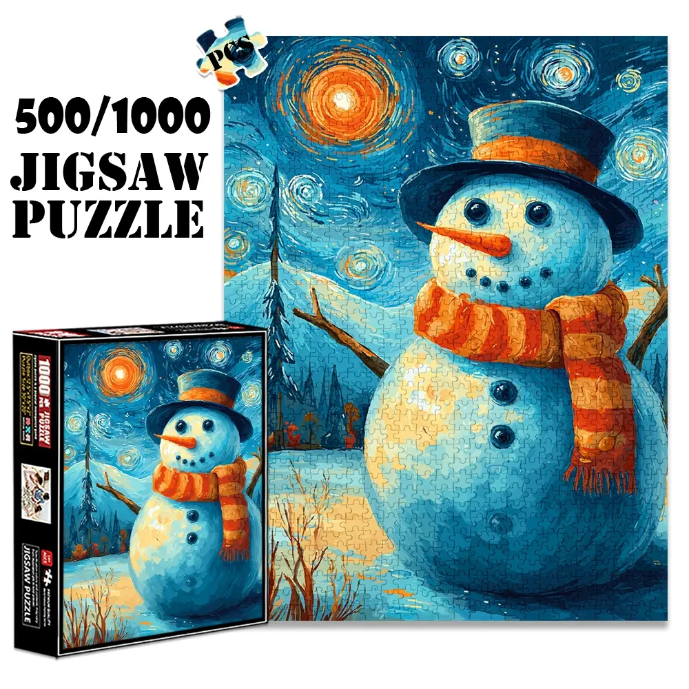 1pc 1000 piece adult puzzle 70x50cm Snowman Under Starry Night Sky with Scarf500 pieces paper jigsaw puzzle suitable for DIY creative games for adults and families, birthday and holiday stress relief