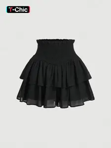 Pure Color Double-Layer Ruffled Pleated Summer Short Fitted Skirt, Cute Stylish Women's Fashion Womenswear, Perfect for Casual Wear, Comfortable and Trendy Design
