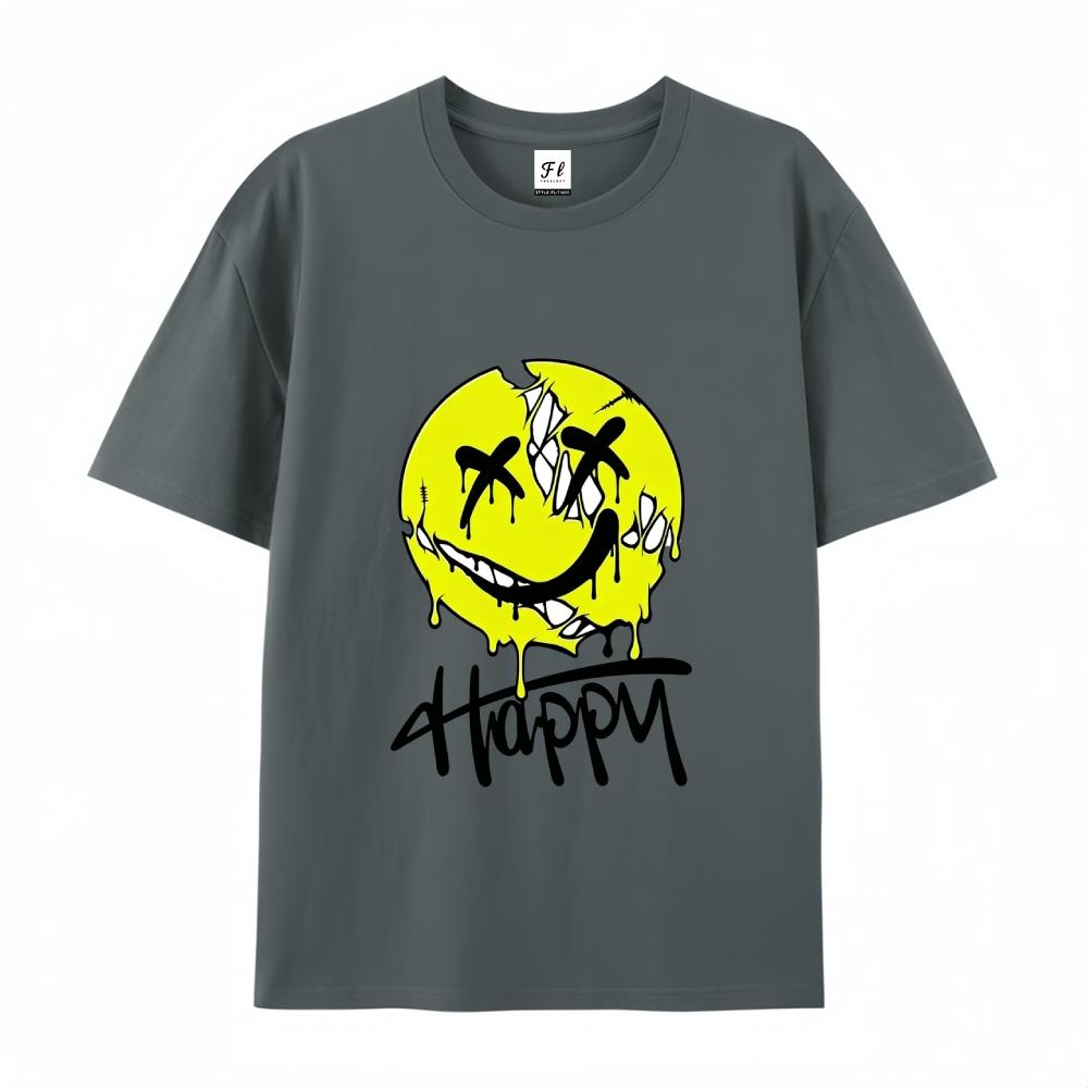 OveHappy Dripping Smiley Print T-Shirt Men Women rsized Casual Streetwear Short Sleeve Tops