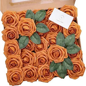 TINGE TIME 25PCS Burnt Orange Artificial Roses - Faux Flowers for Bouquets & Floral Arrangements Decor Wedding Decoration