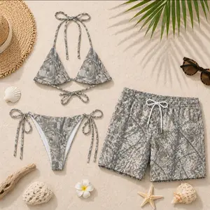 [Hot Summer 2026 Matching Set] Gray Camo Matching Couple Swimwear Set – Tie Side Bikini & Men’s Beach Shorts, His and Hers Vacation Honeymoon Outfit