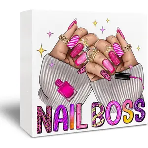 Nail Salon Wooden Signs - Nail Tech Gifts for Women Nail Lovers, Nail Salon Nail Room Decor, Manicurist Nail Boss Wooden Box Sign for Salon Shelf Desk Table 5x5 Inch