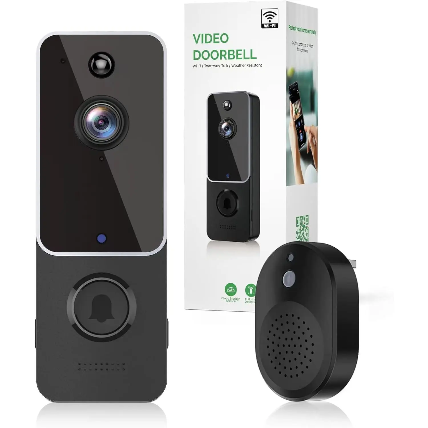 Wireless Smart Video Doorbell Camera with Chime - Wireless Security Camera, Home Security System, 1080p HD Live View, AI Human Detection, 2-Way Audio, 2.4G Wi-Fi Only, Night Vision, Cloud Storage, Battery Powered, Wall Mount, IP65 All-Weather Surveillance