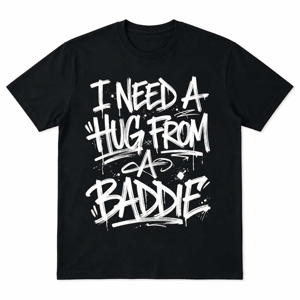 Men's "I Need A Hug From A Baddie" Spray Paint Graffiti Streetwear T-Shirt, Menswear Tops, Baddie Men's Short-Sleeve Regular Fit T-Shirt, Shortsleeve, Breathable, Graffiti Men's Short-Sleeve T-Shirts
