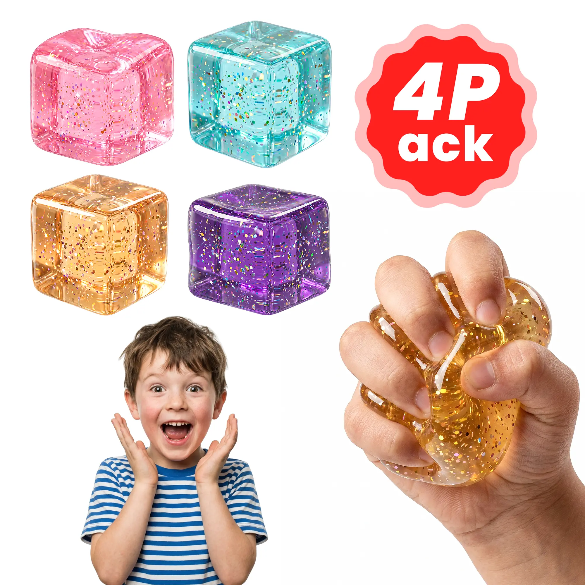 CHERMORY Ice Cube Stress-Relief Squeeze Toy 4-Piece Set – Slow-Rising, Portable Sensory Toys. These translucent, crystal-gel-like stress relievers are perfect for relaxation, serving as gifts, rewards, or anxiety-relief items for both children and adults.