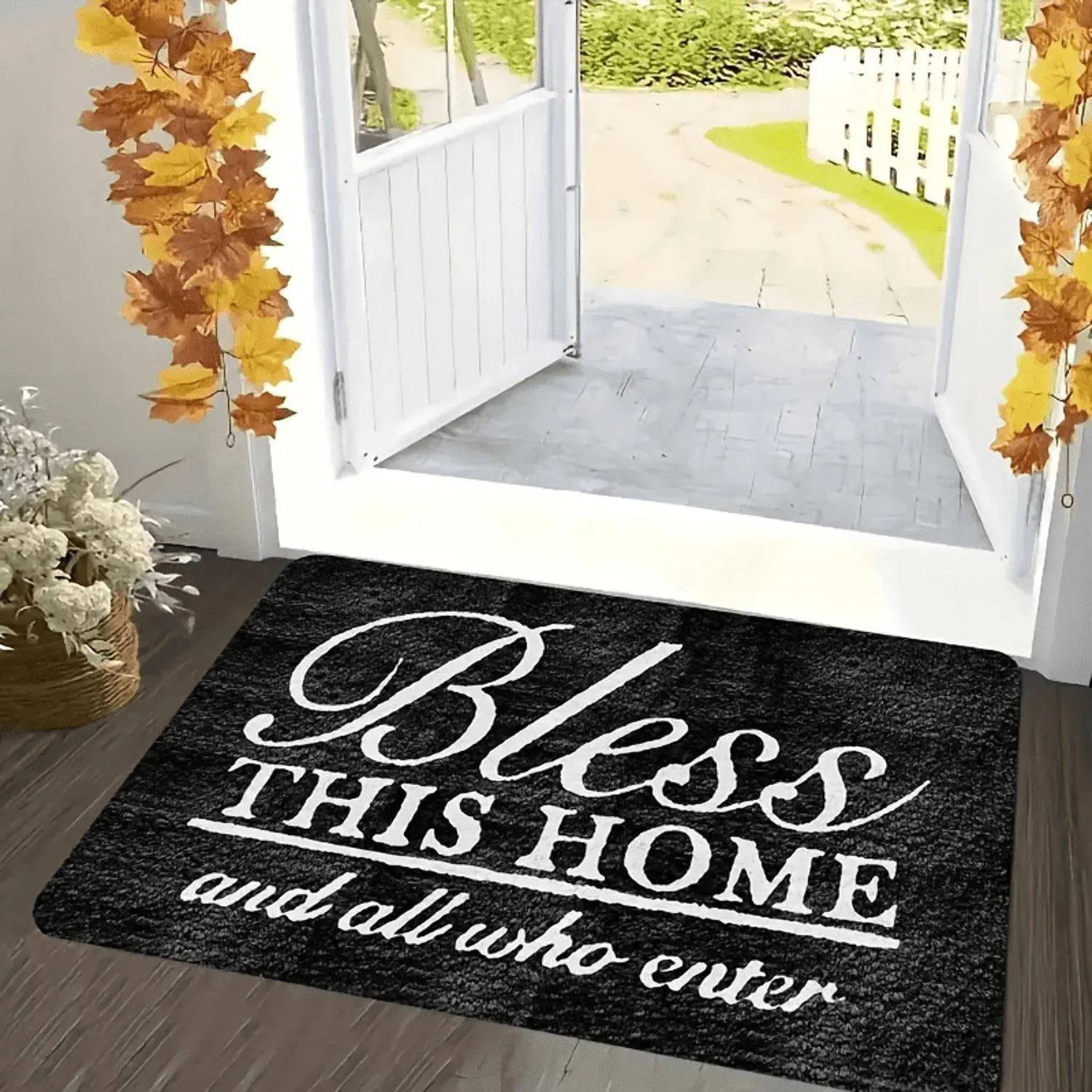 Bless This Home And All Who Enter Christian Quote Flannel Indoor Doormat Non‑Slip Entrance Rug
