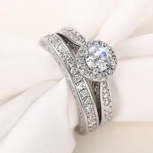 2Pcs Set Luxuriant Promise Rings for Women – Sparkling Cubic Zirconia, Silver Color Jewelry for Wedding, Engagement, Daily Wear, Gift for Her, Elegant Temperament Style