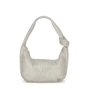 olga berg Jessica Soft Crystal Mesh Croissant Bag in Silver