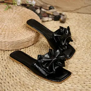 Women's Bow Sandals Square Open Toe Slip on Dressy Summer Sandals Slippers