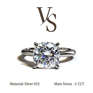 [Venus Jewelry] Synthetic Moissanite 5 CCT Cushion Solitare Design VVS 1 D Color Solid Silver 925 Solitare Ring