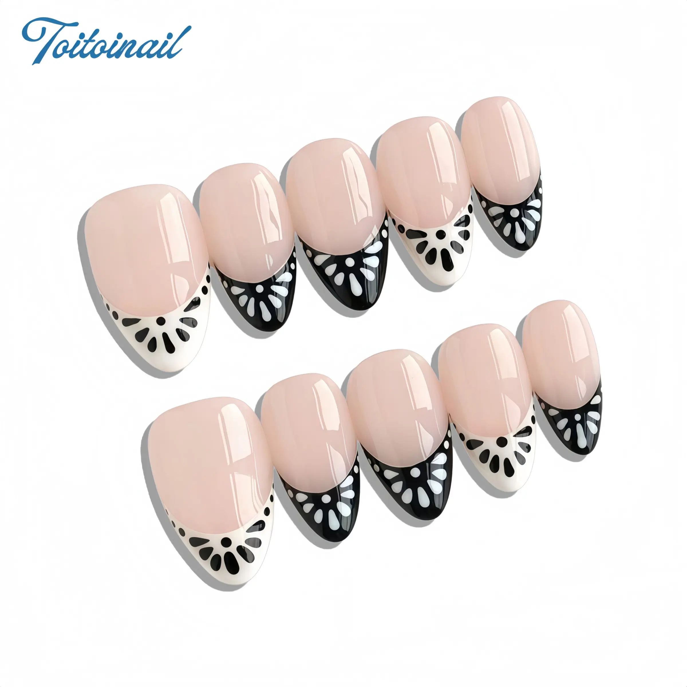 Floral French Tip Handmade Press-On Nails | Salon Quality Nails, Short Almond Shape, 10pcs | Sheer Nude Pink Base with Black & White Floral French Tip Design | Retro Gentle Aesthetic | Daily Wear, Reusable False Nails, Nail Art Supplies, Nail Set
