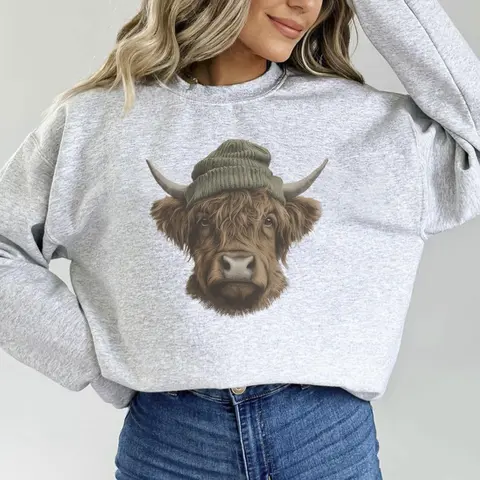 Women's Highland Cow Beanie Pullover Sweatshirt, Cotton Womenswear
