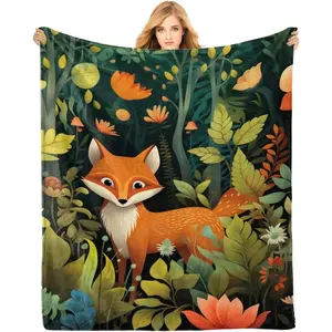 Fox Flannel throw Blankets, 50×60in - 340GSM Cozy Lightweight Thick Jugle Animal Blankets - Christmas Birthday Gifts for Women, Men and Kids Decor