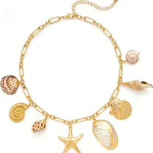 Women'S Golden-Tone Boho Beach Necklace - Coastal Jewelry with Conch Shell, Starfish Charm, Layered Chain - Everyday & Formal Necklace for Beach Parties, Summer Outfits - Year-Round Layered Chain Necklace for Women, Beach Accessories, Party