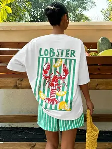 Summer Lobster Print Short Sleeve: Loose Fit white T-shirt, casual beach vacation home wear, Everyday, breathable and soft fabric, women's Y2K street style